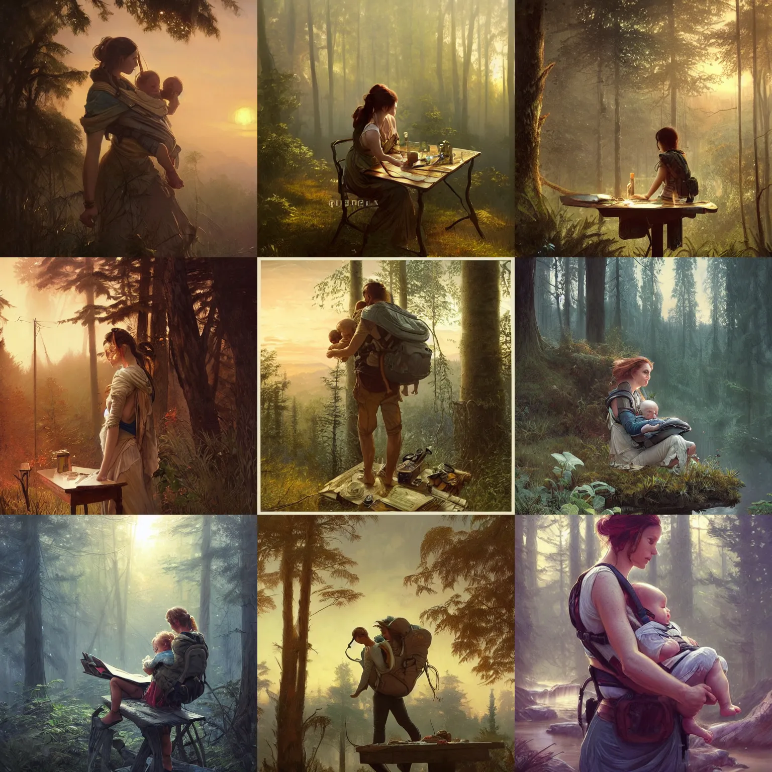 Prompt: explorer detailed very used worn out baby carrier sitting on a table, tall trees, landscape is lush, moody sunset in background, greg rutkowski, alphonse mucha, trending on artstation, artgerm, unreal engine, breathtaking, award winning, highly detailed