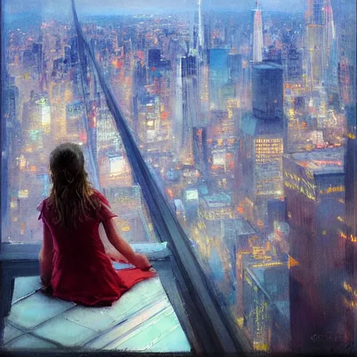 Prompt: “ girl sitting on a roof looking down at a futuristic new york city below, extremely detailed, by daniel gerhartz ”