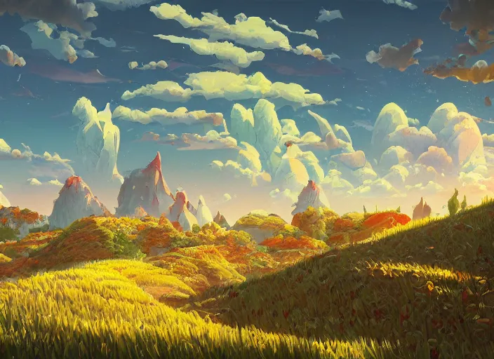 Image similar to concept art of a landscape made of corn on the cob, cel shaded, in the style of makoto shinkai and moebius and peter mohrbacher and anton fadeev