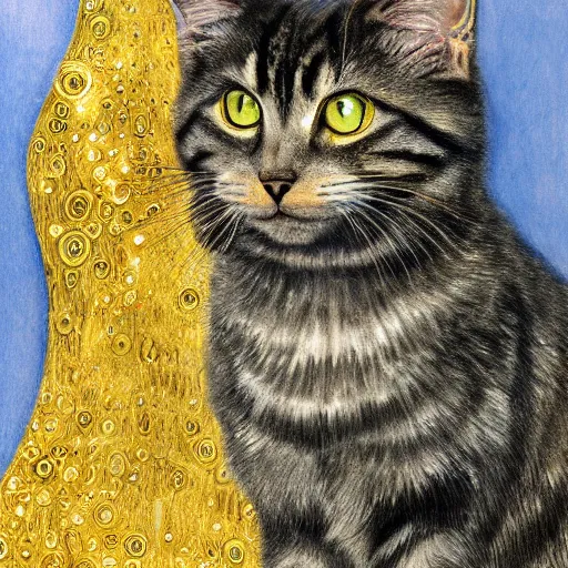 Image similar to portrait of a very fluffy dark tabby cat with green eyes, starlight, full body, smiling cat, golden colors, jewelry, intricate, elegant, highly detailed, smooth, sharp focus, illustration, art by gustav klimt