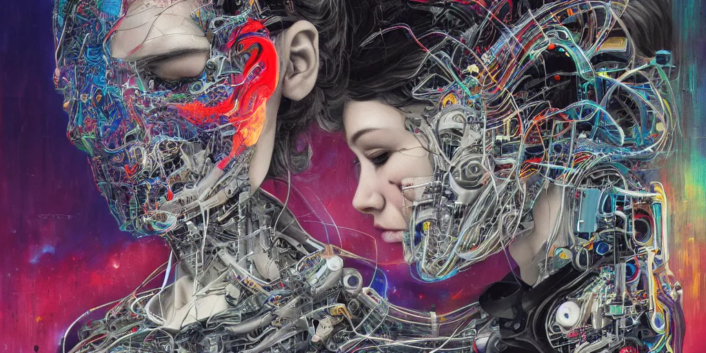 Image similar to portrait of computer & circuits, melting, 8 k, by tristan eaton, stanley artgermm, tom bagshaw, greg rutkowski, carne griffiths, ayami kojima, beksinski, giger, trending on deviantart, face enhance, hyper detailed, minimalist, cybernetic, android, blade runner, full of colour, super detailed