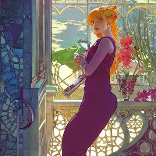 Image similar to Full body portrait of a sorceress sipping tea in her sunlit study, illustration, exquisitely detailed, Ilya Kuvshinov, Hayao Miyazaki, Kazuma Kaneko, Alphonse Mucha