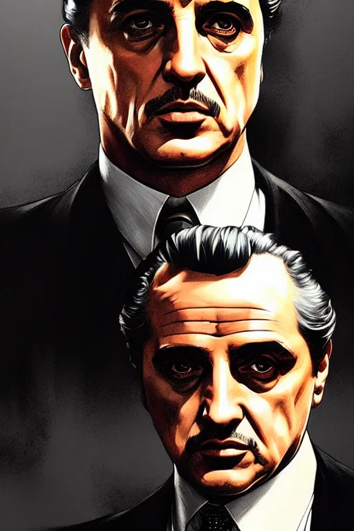 Image similar to clear portrait of the godfather from the movie, cottagecore!!, mafia background hyper detailed, character concept, full body, dynamic pose, intricate, criminal appearance, highly detailed, digital painting, artstation, concept art, smooth, sharp focus, illustration, art by artgerm and greg rutkowski and alphonse mucha