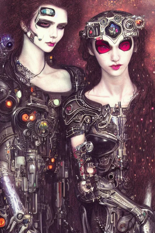 Image similar to portrait of two beautiful young gothic cyborg maidens, cyberpunk, Warhammer, kiss, highly detailed, artstation, illustration, art by Gustav Klimt