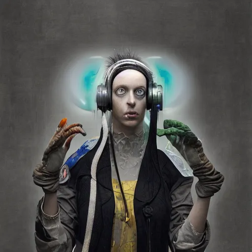 Prompt: italian solarpunk curator in an art gallery with extremely detailed headsets and glove's, inspired by die antwoord beautiful, hand painted textures, cloth physics, deviantart, karol bak, masamune shirow, black and white, photorealistic, concept art, perfect render, 3 d render, pixar, 8 k