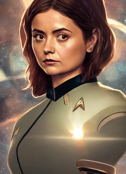 Image similar to jenna coleman as a star trek captain, a still from star trek painted by artgerm and greg rutkowski and alphonse mucha. clear highly detailed face, beautiful sci fi art