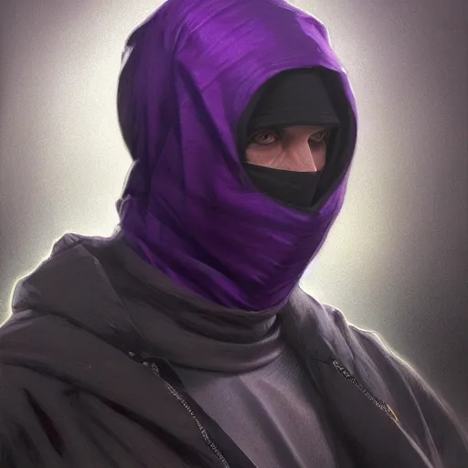 Image similar to ultra realistic illustration, man in a black hood, in a striped purple balaclava, mysterious, highly detailed, digital painting, artstation, concept art, smooth, sharp focus, illustration, art by artgerm and greg rutkowski and alphonse mucha