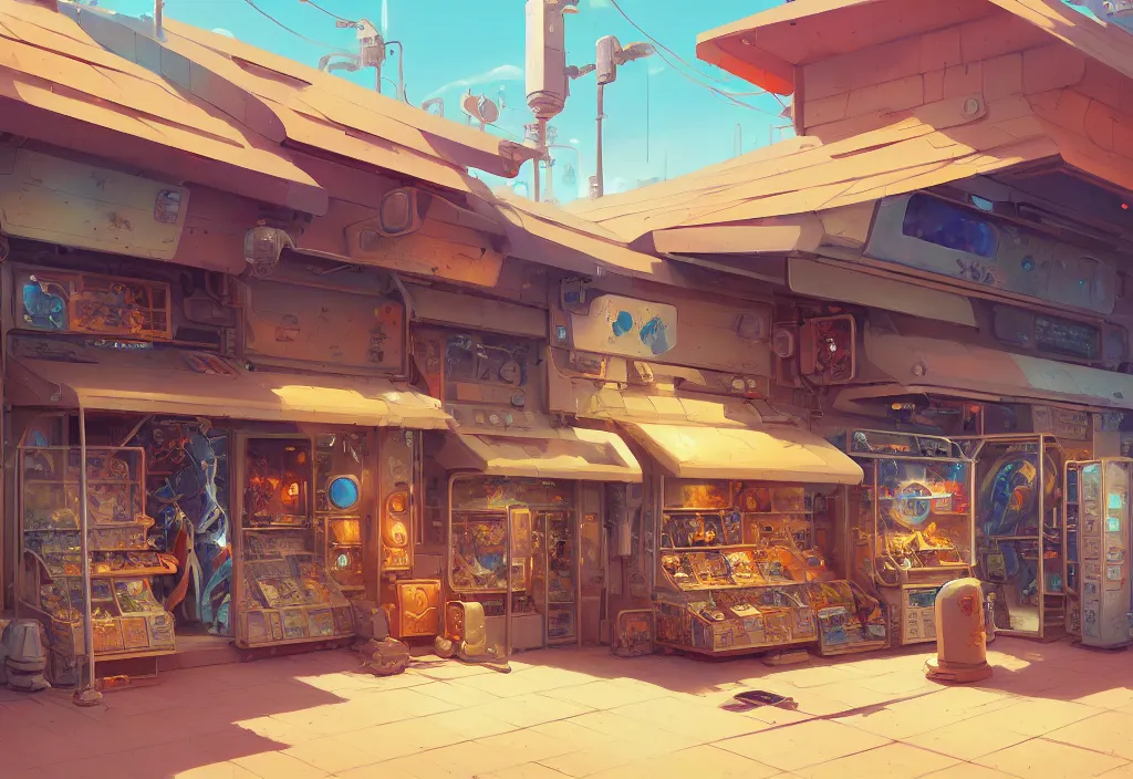 Prompt: a small chubby futuristic shop in the desert surrounded by two metal boxes, intricate oil painting, high detail illustration, sharp high detail, manga and anime 1 9 9 9, official fanart behance hd artstation by jesper ejsing and makoto shinkai, 4 k,