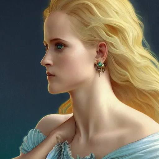 Image similar to full figure ultra realistic illustration, evan rachel wood wearing a maiden blue dress, blonde flowy hair, old west, intricate, elegant, highly detailed, digital painting, artstation, concept art, smooth, sharp focus, illustration, art by artgerm and greg rutkowski and alphonse mucha