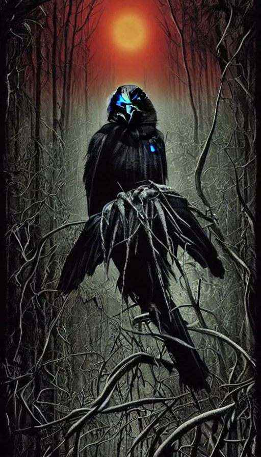 Prompt: a crow in the dark forest, poster art by daniele caruso, benediktus budi, jason edmiston, vc johnson, powell peralta