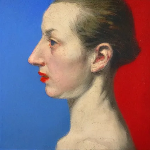 Prompt: profile portrait in flemish realist style ( 1 9 5 4 ), ultramarine blue, venetian red, titanium white, modeled lighting, detailed, expressive, shadows