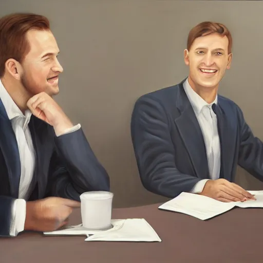 Image similar to hyperrealistic painting image where 3 happy businessmen appear in a business meeting