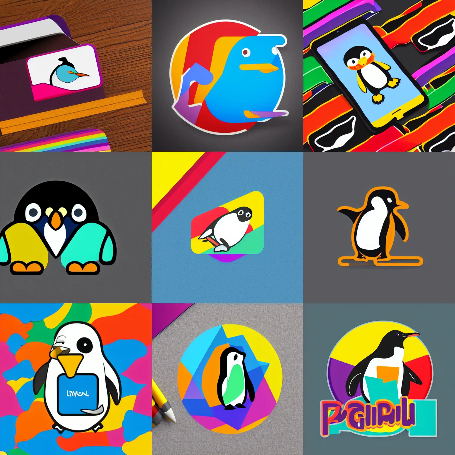 Prompt: colorful logo of a penguin sending a text, isometric, vibrant, stickers