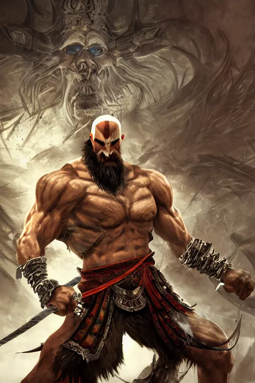 Image similar to an ultra detailed 3 d render of the sun tzu dressed like kratos as an elden ring boss, epic anime fantasy, 8 k, in the style of a fantasy metal album cover and magic the gathering, volumetric lighting, smooth, highly detailed, digital illustration, octane render, art by albert bierstadt and greg rutkowsi, artstation