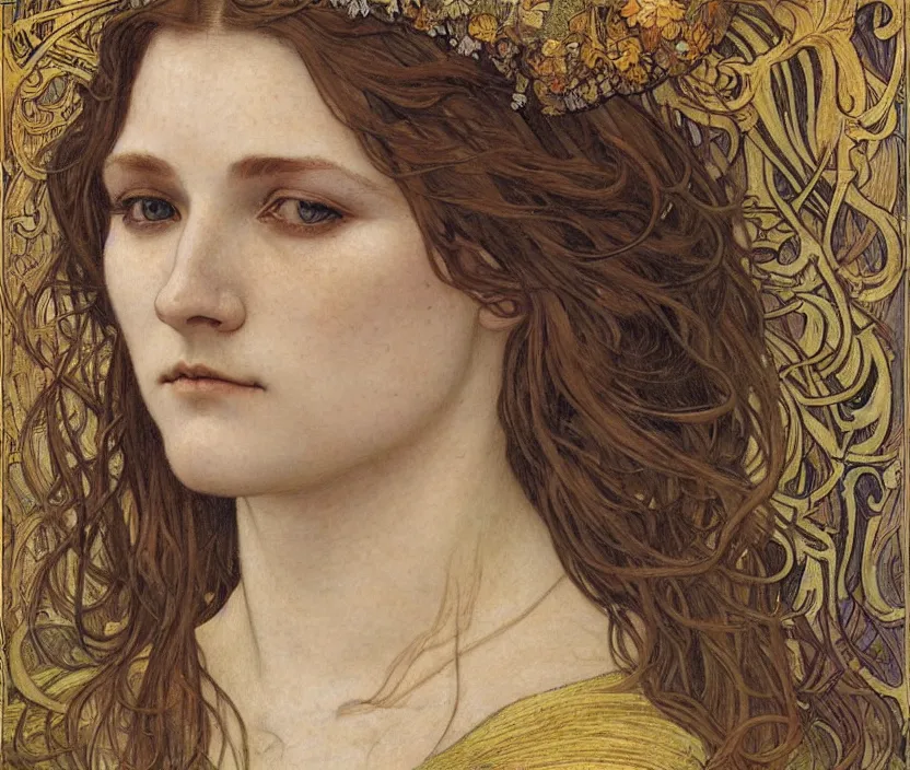 Image similar to detailed realistic beautiful young medieval queen face portrait by jean delville, alphonse mucha, vincent van gogh, and marco mazzoni, art nouveau, symbolist, visionary, gothic, pre - raphaelite