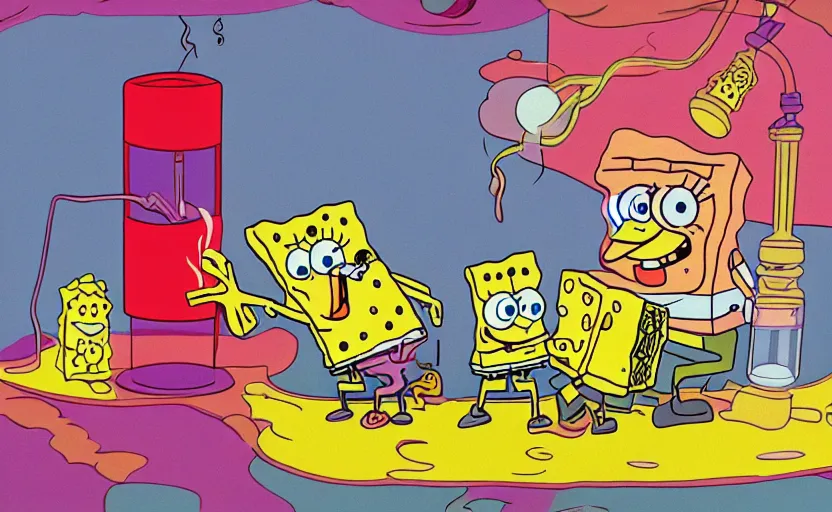 Prompt: spongebob cartoon smoking out of a bong in a very 60's hippy style apartment, 35mm,Epic,cinematic