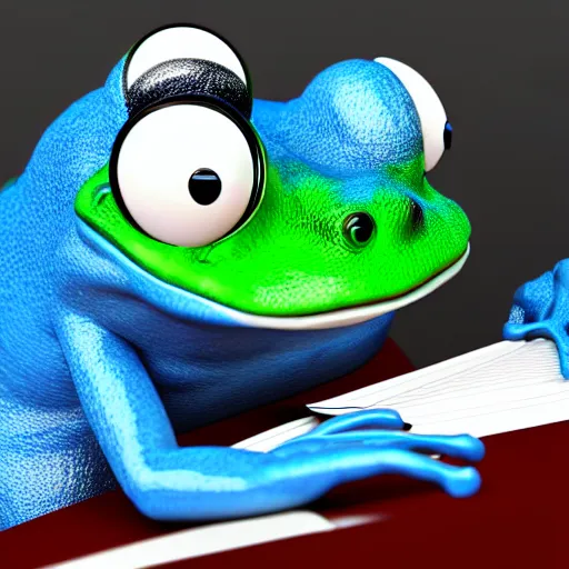 Image similar to Octane render professional portrait of an anthropomorphic blue frog wearing a suit sitting in an office, 8k, very intricate, very detailed,