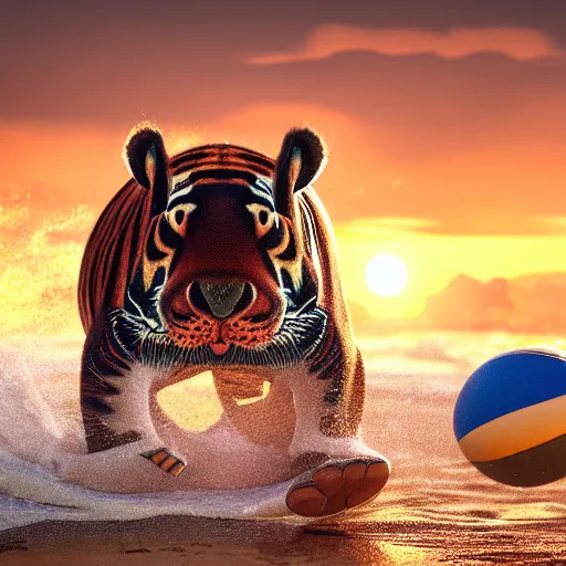 Prompt: a closeup photorealistic photograph of a cute stylish tiger hippo playing volleyball at the beach during sunset. Surf in the background. This 4K HD image is Trending on Artstation, featured on Behance, well-rendered, extra crisp, features intricate detail and the style of Unreal Engine.