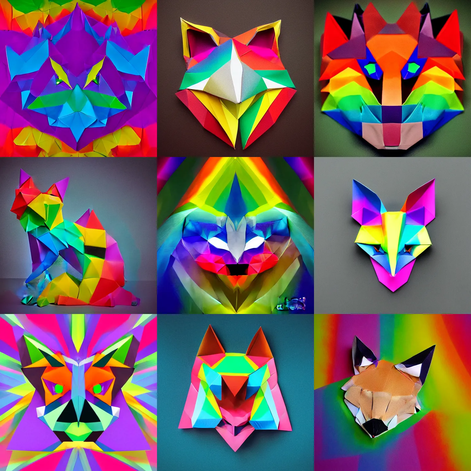 Prompt: evil fox face rainbow origami studio photograph symmetrical