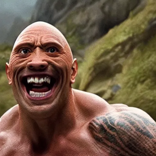 Image similar to gollum as Dwayne the rock Johnson, laughing