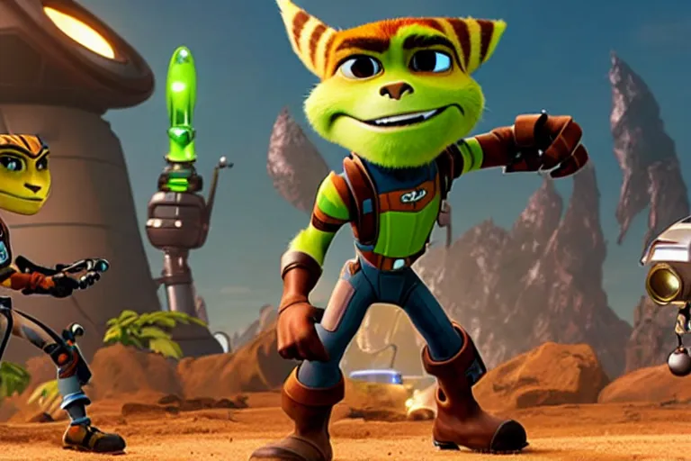 Prompt: live action film still of ratchet and clank in the new sci - fi movie