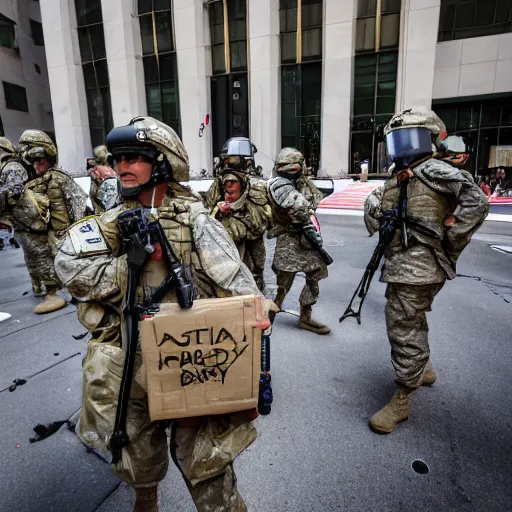 Image similar to 4 k hdr sony a 7 photo of soldiers with bitcoin logos on their helmets at a protest of thousands of people surrounding federal reserve building with us dollars burning in a pile and flying everywhere