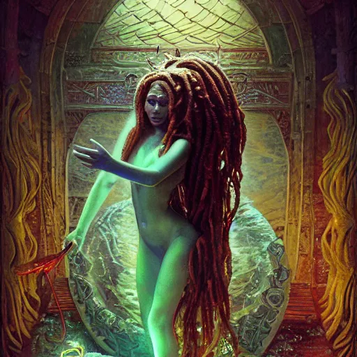 Prompt: birth of mami wata, sumerian goddess inanna ishtar, ashteroth, techno mystic goddess princess intergalactica, with aqua neon rapunzel dreadlocks, mami wata, detailed, by gaston bussiere, bayard wu, greg rutkowski, giger, maxim verehin, greg rutkowski, masterpiece, sharp focus,