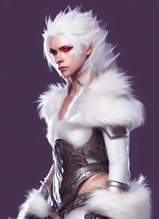 Image similar to fur - lined armor!!! beautiful and elegant white haired female!! gorgeous ayes!! character concept art, sharp focus, octane render! unreal engine 5! highly rendered!! trending on artstation!! detailed linework!! illustration by bussiere rutkowski andreas rocha