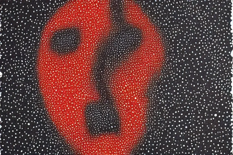 Image similar to face made out of planet, faceless people dark, dots, drip, stipple, pointillism, technical, abstract, minimal, style of francis bacon, asymmetry, pulled apart, cloak, hooded figure, made of dots, abstract, balaclava