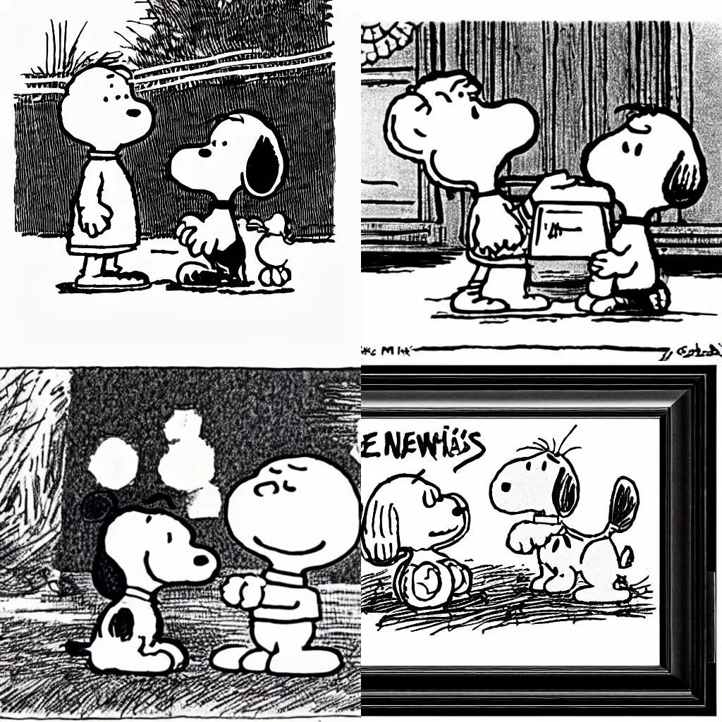 Prompt: Pen and ink cartoon of Linus and Snoopy by Charles M.Schultz