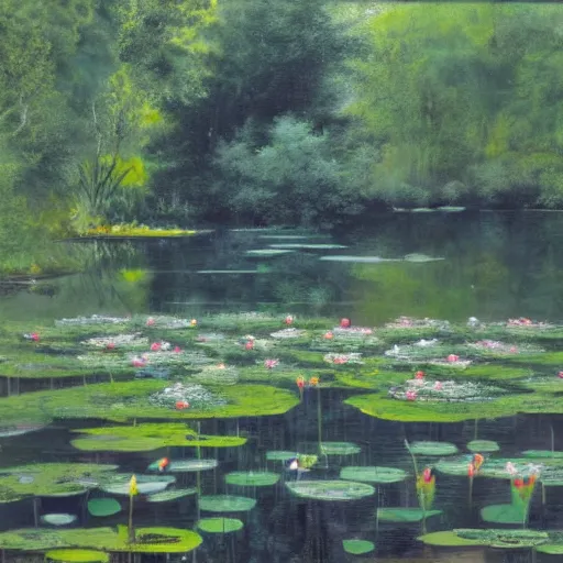 Prompt: a pond with water lillies in the forest, in the style of Gordon Onslow Ford,