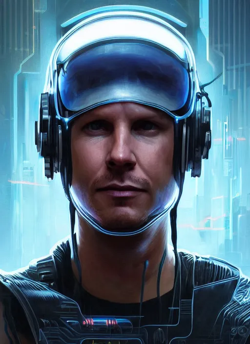 Image similar to portrait of Tom DeLonge as a character in arabian Cyberpunk 2077, looking at camera, intricate, dystopian, sci-fi, extremely detailed, digital painting, artstation, concept art, smooth, sharp focus, illustration, intimidating lighting, incredible art by artgerm and greg rutkowski and alphonse mucha and simon stalenhag