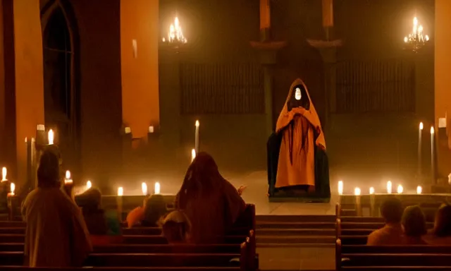 Image similar to a cultist ceremony, cultists with robes and masks, church interior, satanic church interior, the fog. horror lighting, found footage