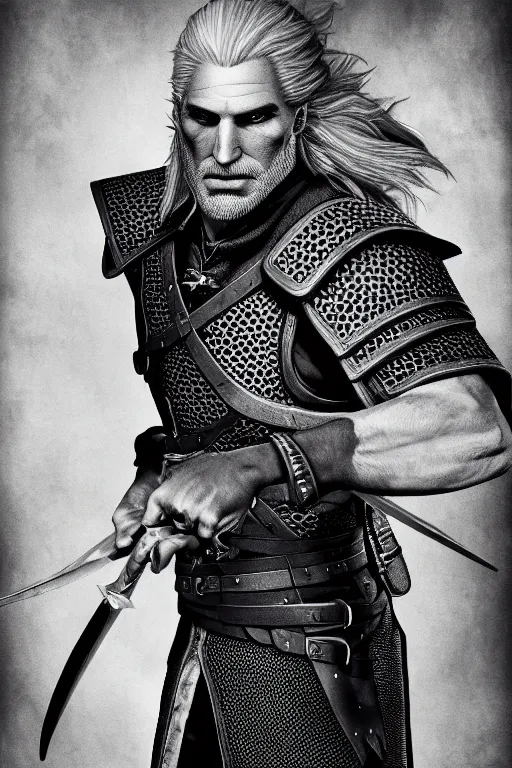 Prompt: portrait of geralt of rivia, 5 5 mm lens, professional photograph, black and white, times magazine, serious