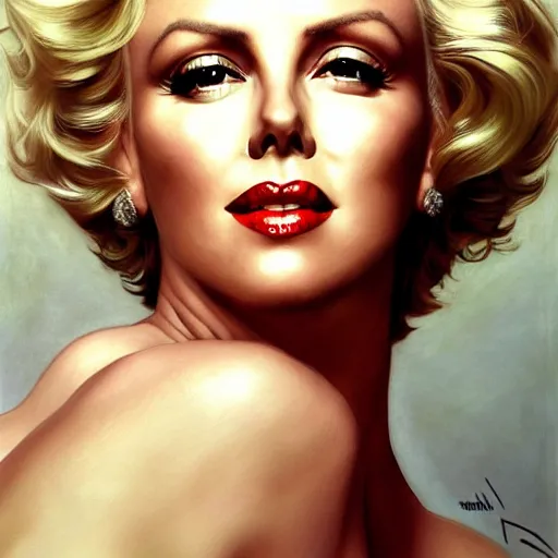 Prompt: portrait charlize theron, marilyn monroe, white cloth in wind shining, 8 k highly detailed, sharp focus, illustration, art by artgerm, mucha, bouguereau