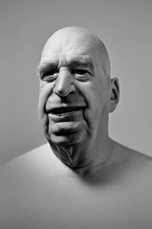 Prompt: extremely detailed studio portrait of man, 4 0 years, homer simpson lookalike, looks like a real life version of homer simpson, soft light, black background, fine skin details, award winning photo by yousuf karsh