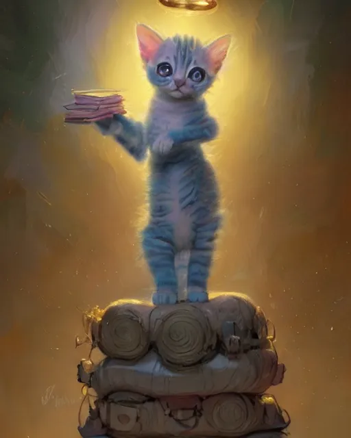 Image similar to an adorable kitten learning magic | highly detailed | very intricate | symmetrical | fantasy and whimsical and magical | soft cinematic lighting | disney pixar | award - winning | painted by donato giancola and paul lehr and ross tran | pastel color palette | featured on artstation