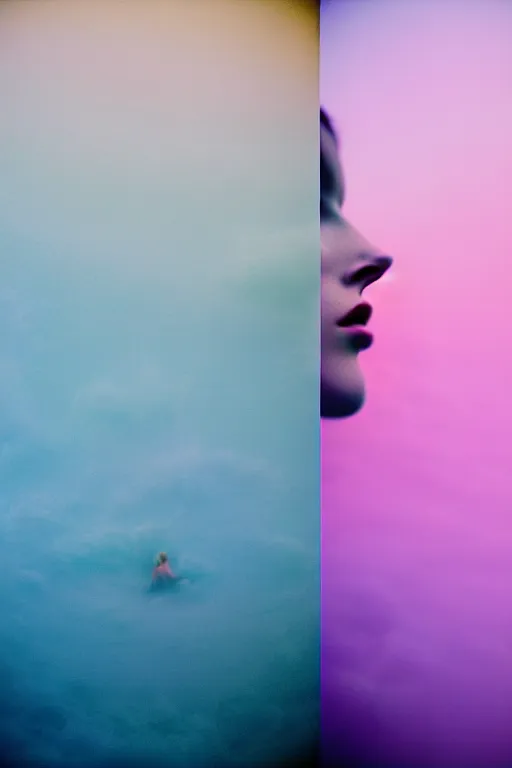 Image similar to high quality pastel coloured film close up wide angle photograph of a model wearing clothing swimming on cloud furniture in a icelandic black rock!! environment in a partially haze filled dreamstate world. three point light, rainbow. photographic production. art directed. pastel colours. volumetric clouds. pastel gradient overlay. waves glitch artefacts. extreme facial clarity. 8 k. filmic.