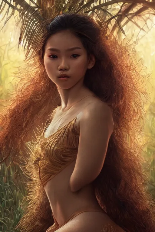 Image similar to stunningly beautiful, filipina prima ballerina in jungle, symmetrical face, golden hour, smooth, focus, highly detailed, hyper realistic, dramatic lighting, elegant, intricate, concept art, low angle, art by wlop, mars ravelo, greg rutowski, artstation