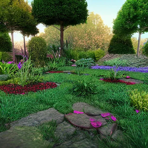 Image similar to weird 3 d rendered garden, octane render, volumetric light, sharp focus