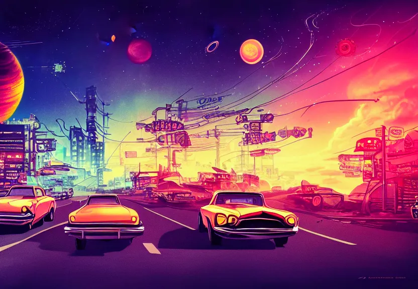Prompt: old cars go along road away in neo - tokyo, sinthwave, steampunk, neon, magic colorful sky, magic lights, magic stars, magic sunset, big bright planet saturn in sky, realism, ultra detailed, 1 9 6 0 years, 8 k