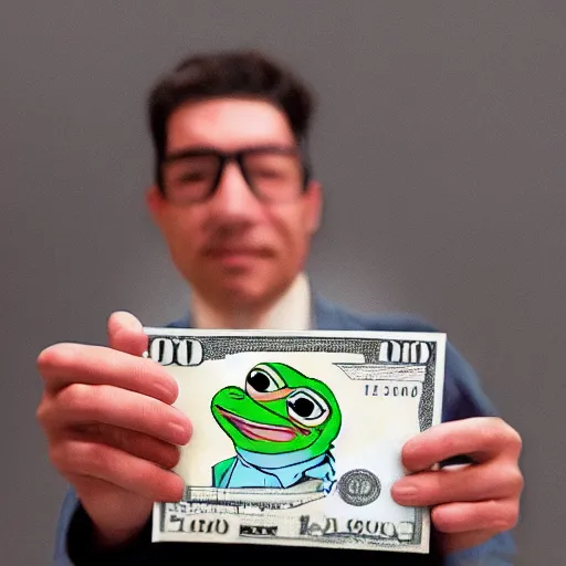 Prompt: pepe holding working money printer