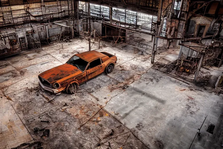 Image similar to A rusty old mustang in an abandoned big factory, sun lighting from above, taken with a Leica camera, ambient lighting, sunset time, highly detailed art