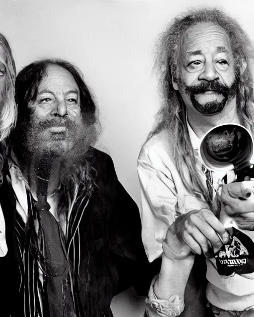 Prompt: donald trump with long hippie hair, smoking cannabis, photographed with cheech and chong in the style of annie leibovitz, studio lighting