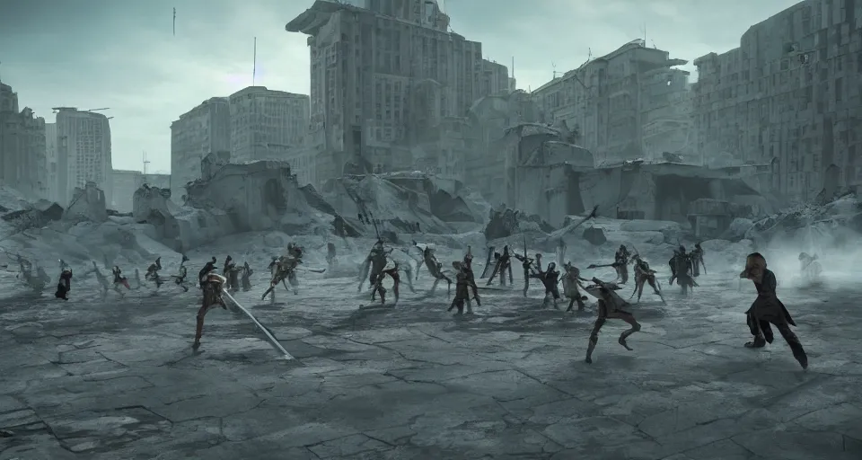 Prompt: Wide shot of an epic jedi fight in a old soviet city, cinematic, sci-fi, fantasy