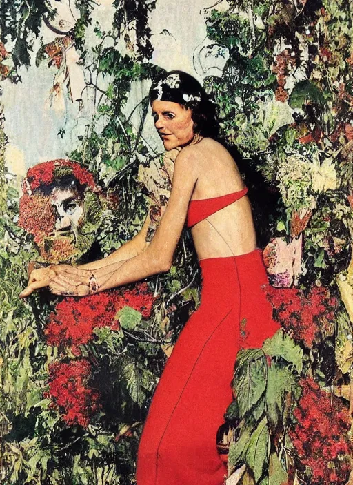 Image similar to a 1 9 6 0 portrait by norman rockwell of a hippie gogo woman ultra defined features wearing a cargo weeding dress designed by balenciaga