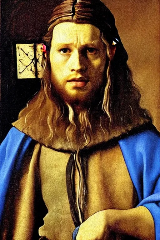 Prompt: attractive male, the lord of the rings, painting by johannes vermeer