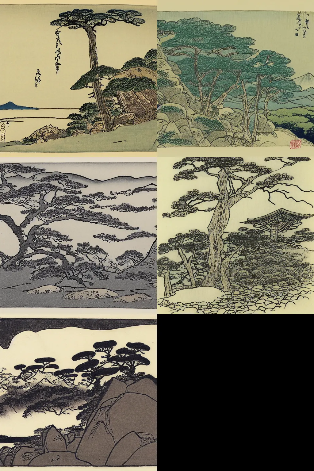 Prompt: a sketch of a scenic landscape with trees and rocks, an etching by edward lear, flickr, ukiyo - e, ukiyo - e, childs drawing, photoillustration