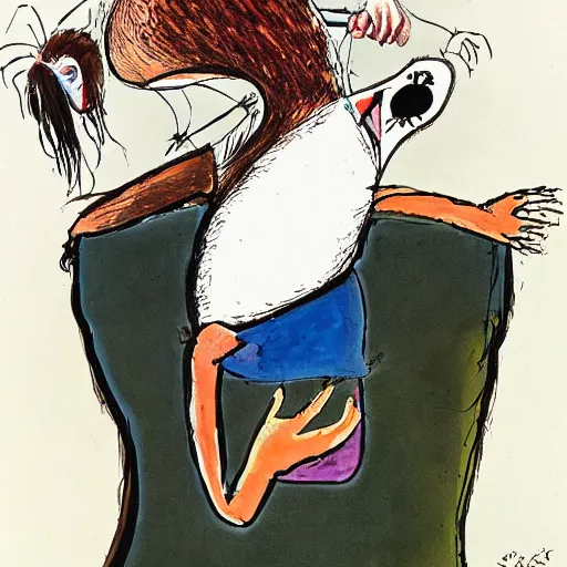 Prompt: a detailed painting of a man with a cat on his back by gerald scarfe and ralph steadman