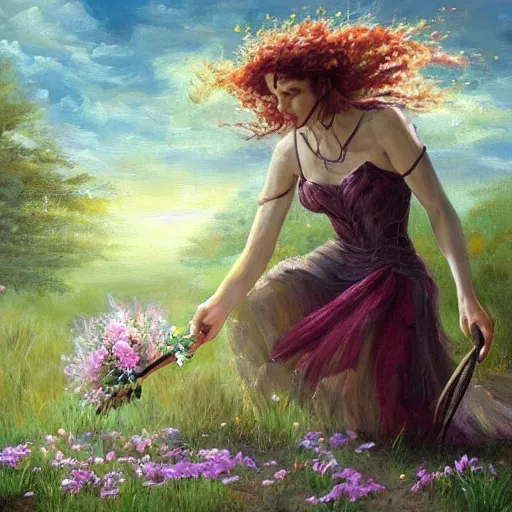 Image similar to a beautiful oil painting of Circe the witch picking up flowers, detailled, HD, realistic